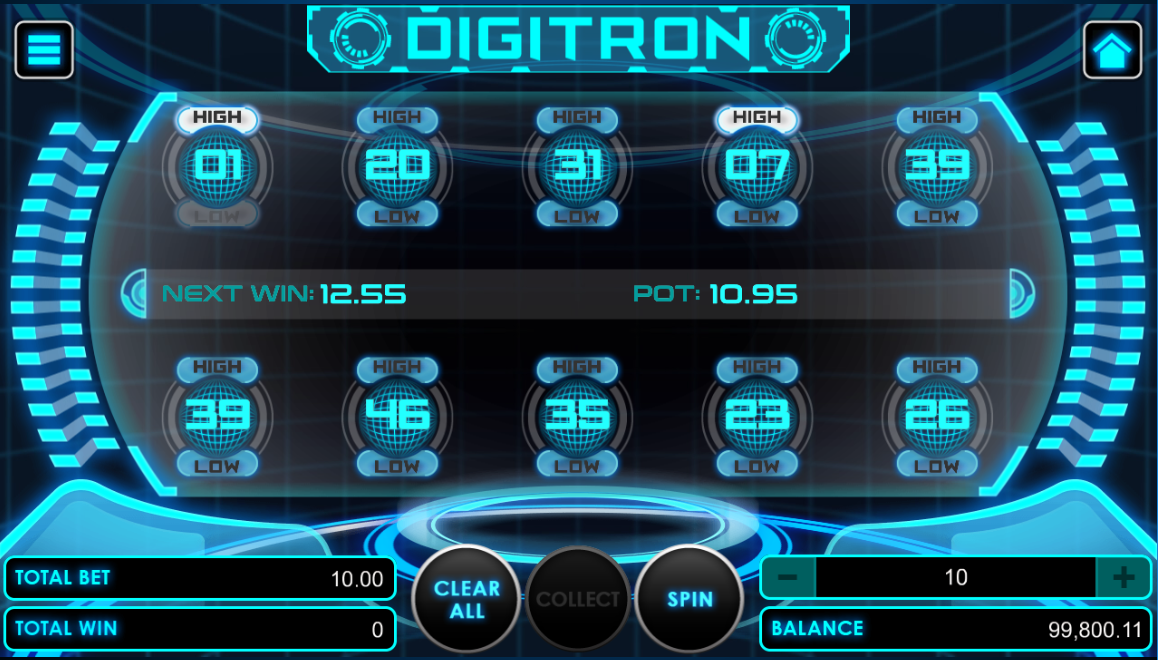 Digitron game with betting options selected